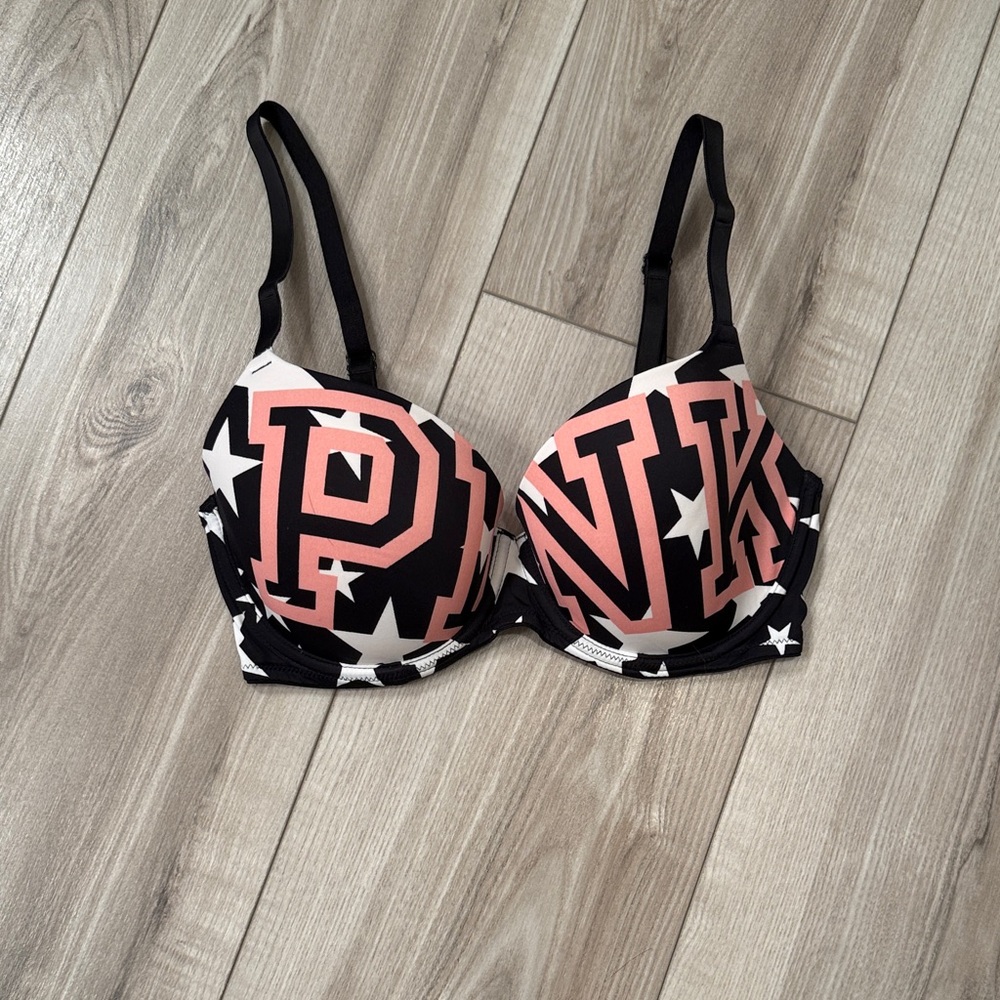 ❤️Like New PINK Victoria's Secret Black and Pink Logo Star Push-Up Bra - 34D